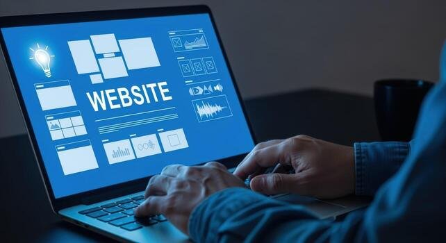 website design and development hands on laptop keyboard screen displaying uiux elements and code photo